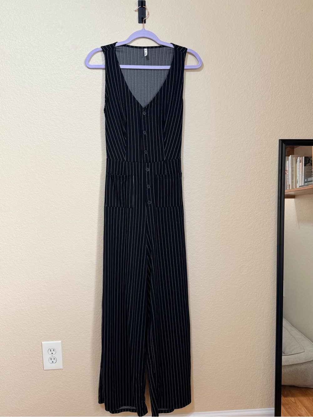 HALARA Black Pinstripe V-Neck Button Jumpsuit